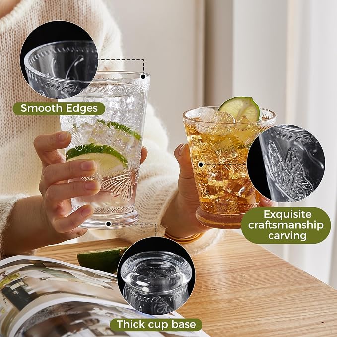 2 Pack Embossed Vintage Mixed Drinking Glasses, 12 Oz & 9 Oz Glasses | Embossed - Image 3