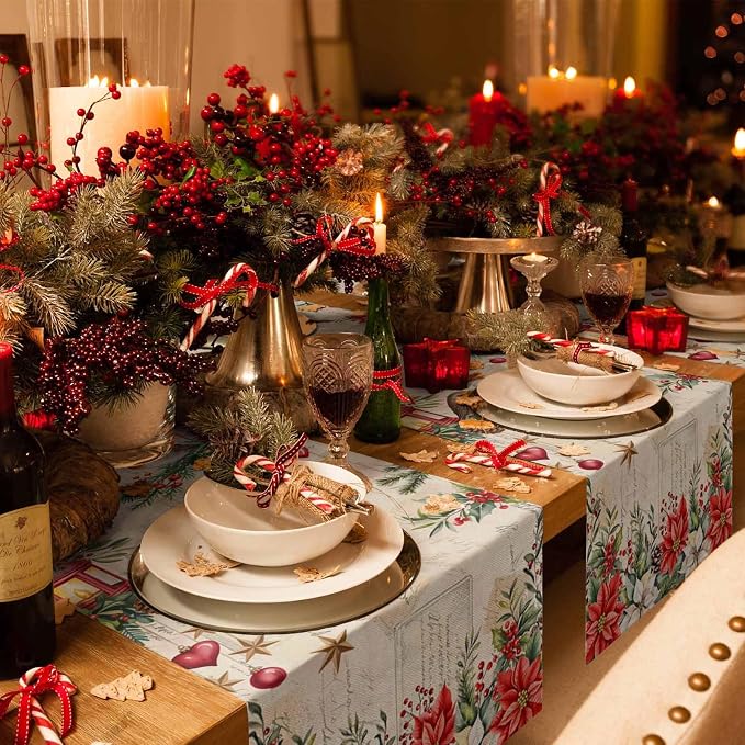 Christmas Poinsettia Table Runner 90 Inches Long, Winter Xmas Balls Birds Table - Image 6