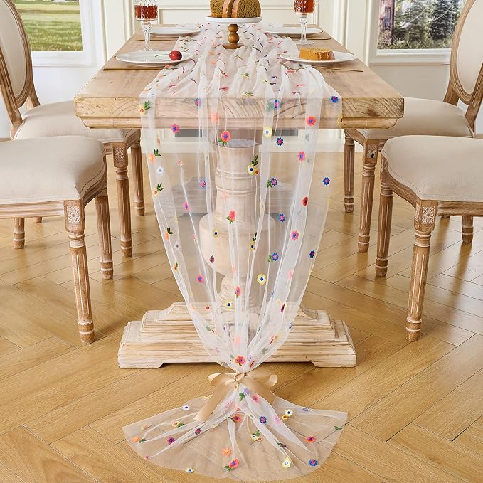 BINBE 1pcs Ivory Daisy Spring Table Runner Embroidery Gauze 10FT Florals - Image 7