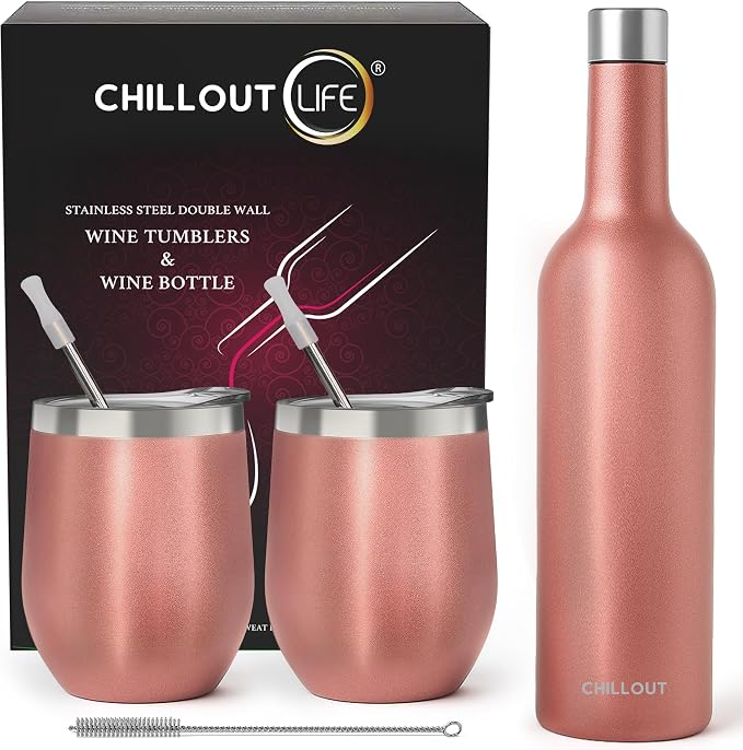 CHILLOUT LIFE 12 oz Stainless Steel Wine Tumblers 2 Pack & 1 Insulated Wine by CHILLOUTLIFE