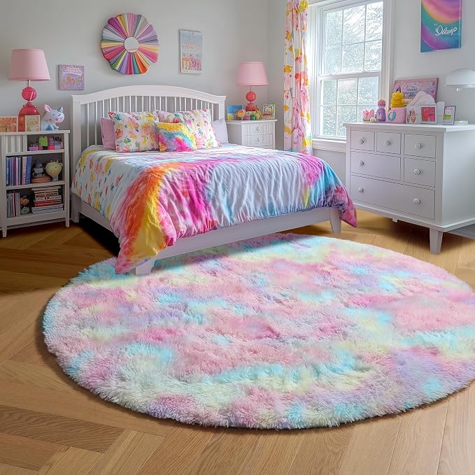 Amdrebio Rainbow Fluffy Round Rug 6Ft Kids Rugs - Image 5