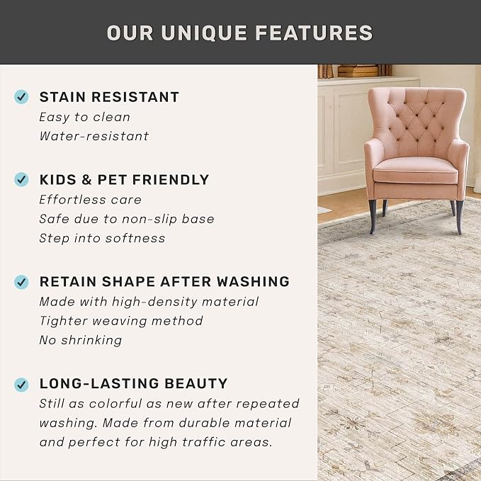 Washable Cream Farmhouse Bathroom Rug, 3x5 Non Slip Area Rugs - Image 5