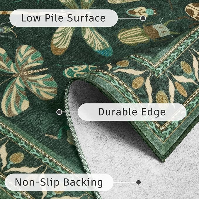 DCX 4x6 Washable Insect Rug, Vintage Gothic Dark Green Rug - Image 7