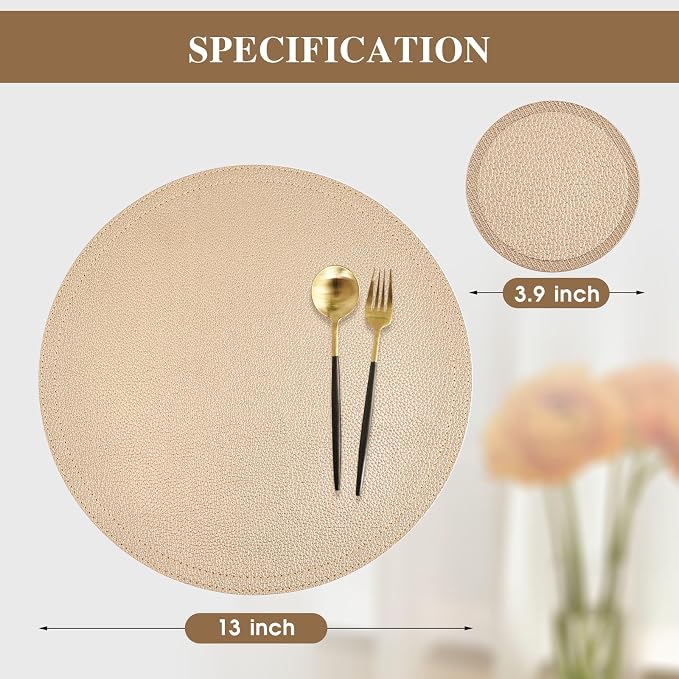 Set of 4 Faux Leather Gold Round Placemats and Coasters, Coffee Mats Kitchen - Image 4