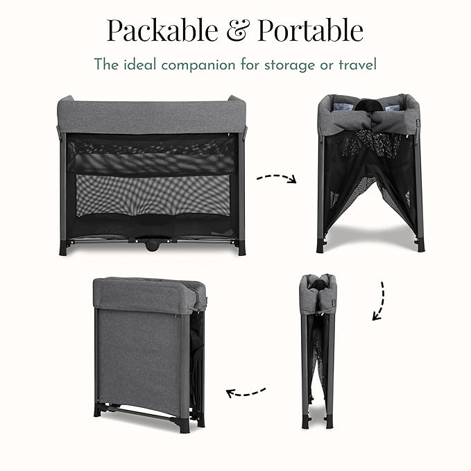 Evolur Zane Portable Playard with Instant Fold, Removable Mattress Cover & Full-Size Zipper Bassinet – Lightweight Travel Crib for Infant (0–18 Months) Grey