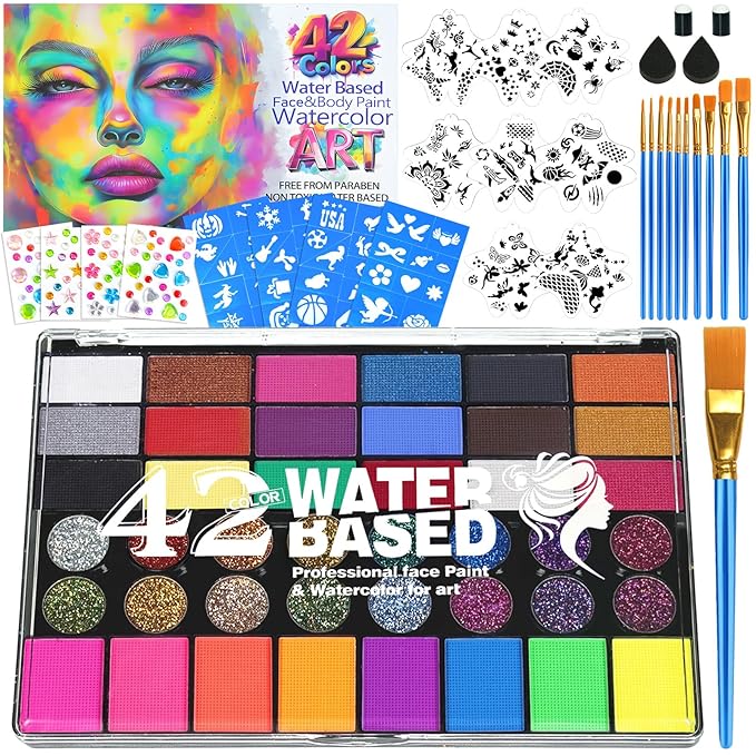 Professional Face Painting Kit for Kids – 42 Color Water Activated Facepaint Makeup Kit, Non-Toxic face Paint with Stencils, Gems, Brushes– for Halloween, Parties, Carnival, School Event & Festivals