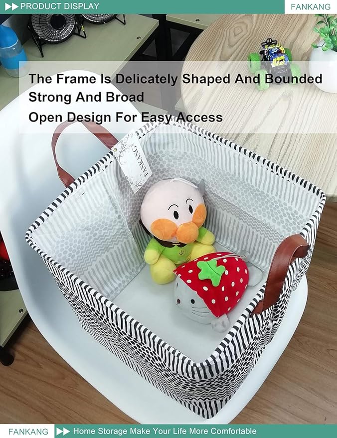 FANKANG Square Nursery Hamper Storage Bins Canvas Laundry Basket Foldable with Waterproof PE Coating Storage Baskets Gift Baskets for Children, Office, Bedroom, Clothes（Square-Black Lines ）