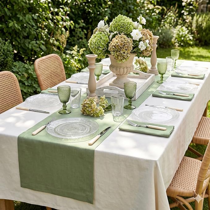 Solino Home 100% Pure Linen Table Runner Oil Green Long, Fete 14 x 144 in | - Image 2