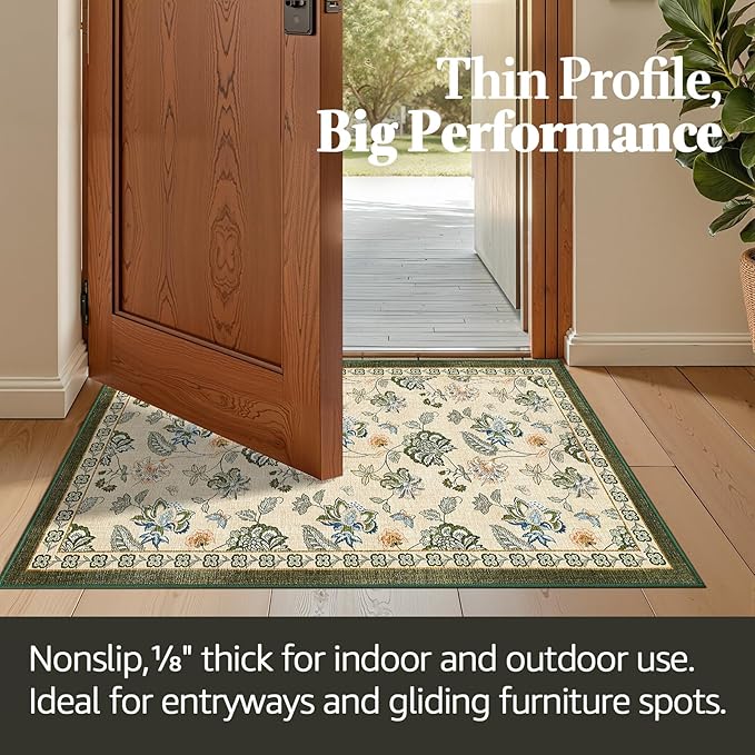 jinchan 3x5 Floral Rug for Entryway Washable Kitchen Rug Vintage Romance Design Small Mat Non Slip Indoor Doormat Lightweight Low-Profile Throw Carpet for Entrance Bathroom Laundry Room, Green/Beige