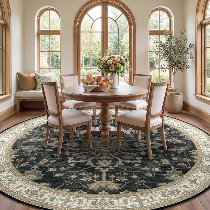 RELEANY Area Rugs Round 10ft Washable Non-Slip, Floral Vintage Distress - Image 3