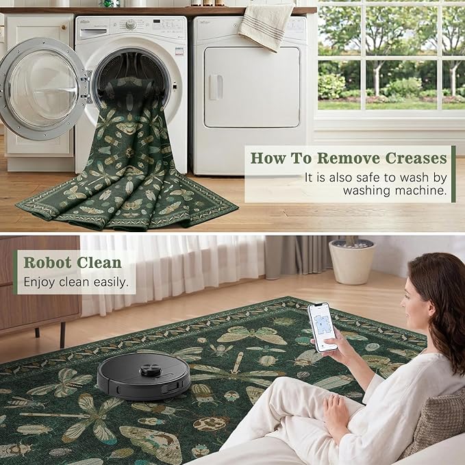 DCX 4x6 Washable Insect Rug, Vintage Gothic Dark Green Rug - Image 6