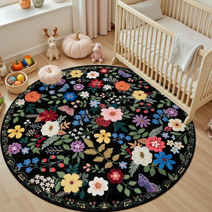 Round Area Rug for Living Room: 4 ft Floral Washable Circle Rug Soft Boho - Image 5