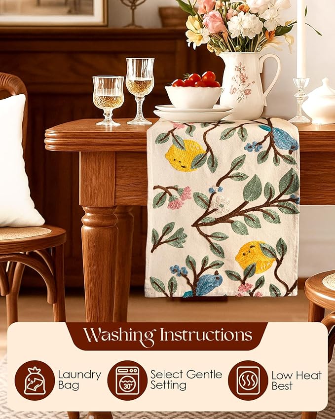 Canvas Embroidered Narrow 13"x 72" Table Runner, Lemon Bird | Exquisite - Image 4