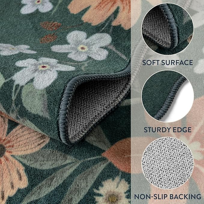 Lahome Floral Washable Rug- 4x6ft Green Bedroom Girls Ultra-Thin Soft Living - Image 7