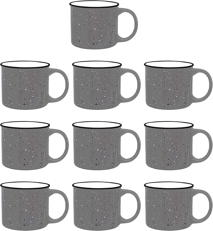 DISCOUNT PROMOS Ceramic Campfire Coffee Mugs 13 oz. Set of 10, Bulk Pack - Perfect for Tea, Espresso, Cappuccino, Hot Cocoa - Grey