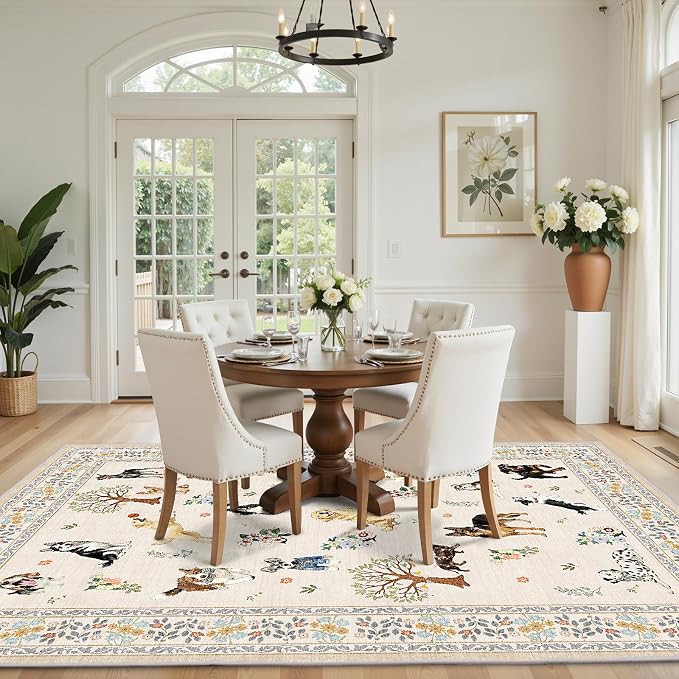 Beige Area Rugs 9x12 Living Room, Washable Dog Rug Non Slip Floral Low Pile - Image 3