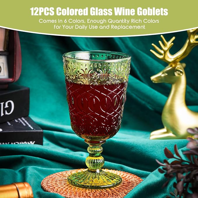 Eaasty Wine Glasses Set of 12 Vintage Goblet 9 oz Vintage Colored Glass Goblet - Image 4
