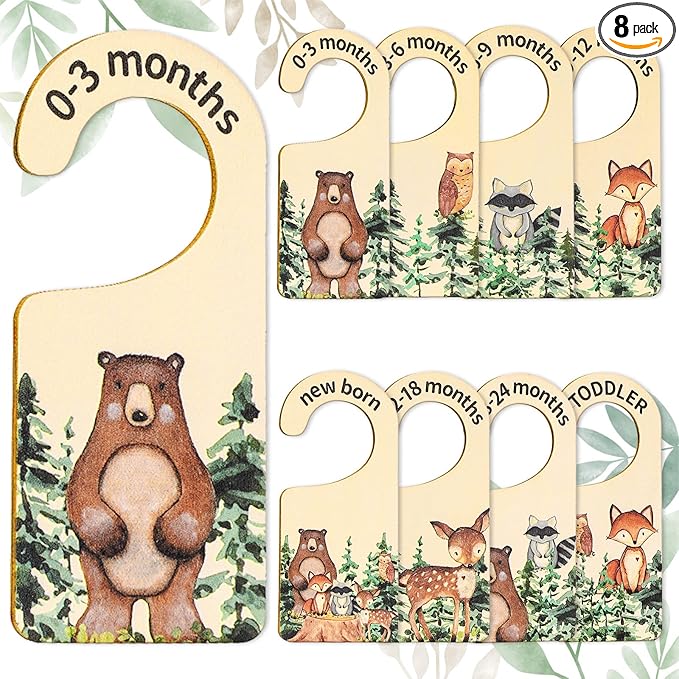 Whaline 8Pcs Woodland Design Hanging Wooden Baby Closet Size Dividers and Organizer - Newborn to 24 Months - Thicken Wardrobe Organizer for Home Nursery Clothes Decor