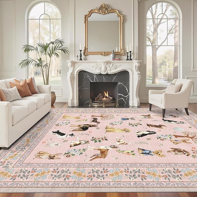 Pink Dogs Area Rugs 9x12 Living Room Washable Rug, Non Slip Floral Low Pile - Image 3