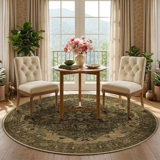 RELEANY Area Rugs Round 5ft Washable Non-Slip, Floral Vintage Distress - Image 2