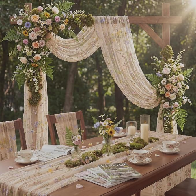 Champagne Floral Table Runner 10ft Embroidery Tulle Spring Wildflower Table - Image 3