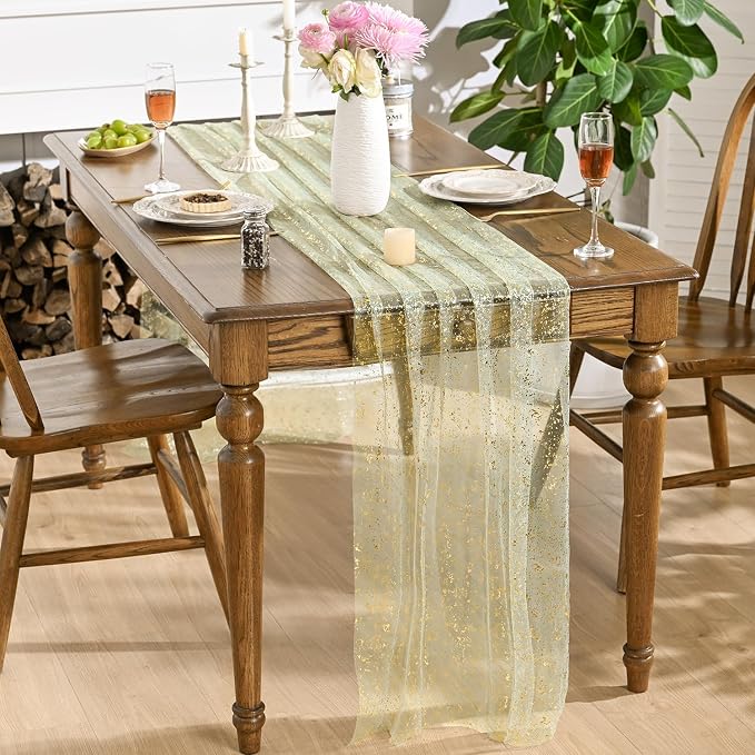 Artoid Mode 6PCS Sage Green Gold Gauze Table Runner 120 Inch 10FT, Glitter - Image 4