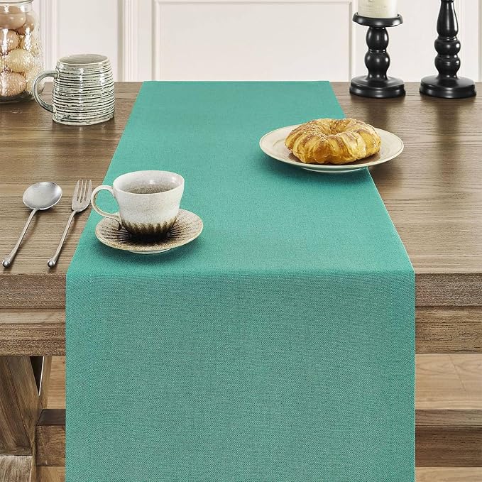 Basic Linen Style Table Runner, 14x48 Inch Teal | Mitered Corner Design - Image 5