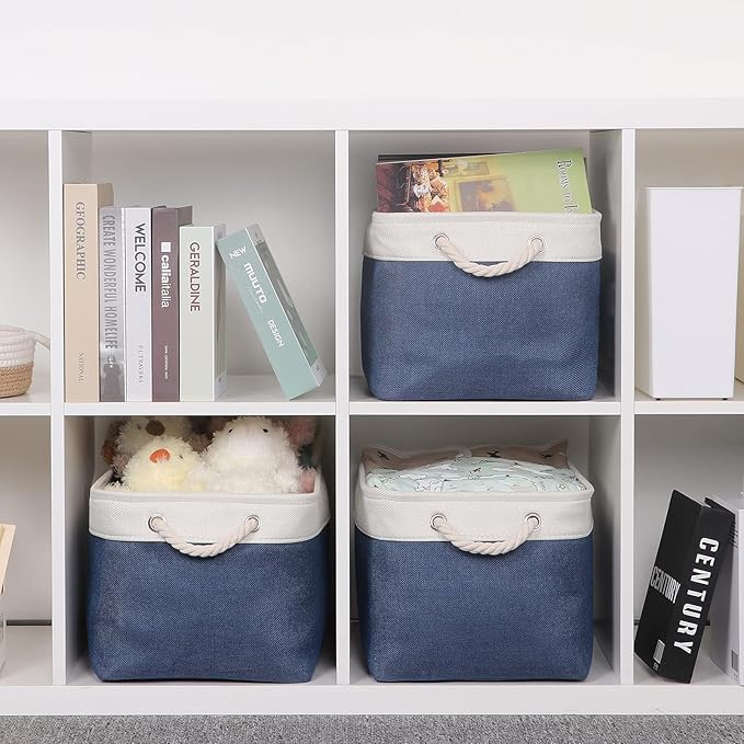 Bidtakay Storage Baskets Collapsible [3-Pack] Decorative Storage Bins with Cotton Rope Handles 15 X 11 X 9.5 Inch Organizing Baskets for Shelves Clothes Closet Navy Blue Baskets for Gifts Empty