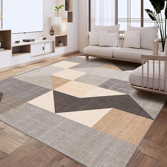 HOMFINE Washable Modern Area Rug - Geometric Style 5x7 Rugs for Living Room, Bedroom, Machine Washable Rug Soft Non Slip Non Shedding Area Rug - Grey Brown, 5'x7'