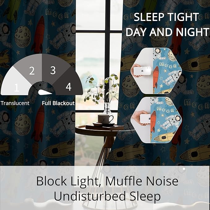 Kids Astronaut and Rocket Blackout Curtains - 100% Blackout, Thermal Insulated, Noise Reducing, Bring The Cosmos Closer to Your Kid’s Room, 2 Panels (Moonbound Adventure, W52×L63)