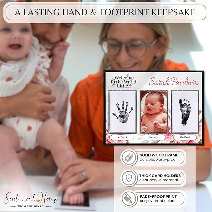 Inkless Hand and Footprint Kit, Baby Keepsake Plaque & Baby Shower Gifts - Ideal as Mom To Be Gift, Nursery Picture Frames, Clean Touch Hand and Footprint Kit (Style 1 - Design 2)