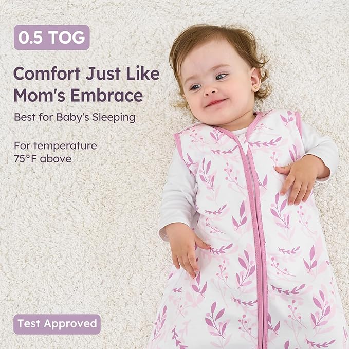 Baby Sleep Sack 0-6 Months 3 Pack 100% Cotton Lightweight 0.5 TOG Wearable Blanket Baby Sleep Bag with 2-Way Zipper for Newborn Infant Purple Leaf