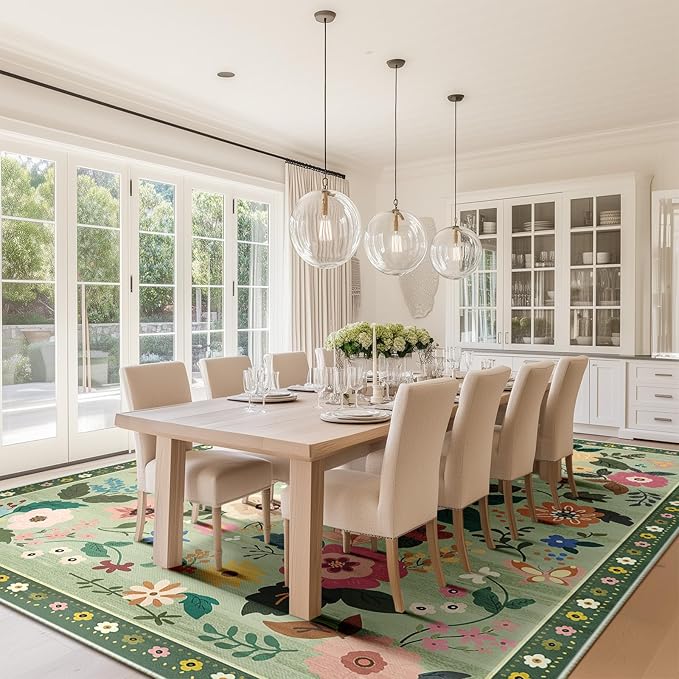 Floral 8x10 Area Rug Machine Washable Soft Print Boho Carpet Non Slip Doormat Low Pile Flower Area Rugs for Living Room Bedroom Nursery Kitchen Dining Room Indoor-Light Green