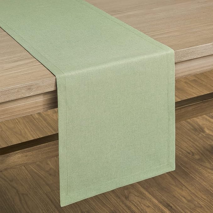 Basic Linen Style Table Runner, 14x60 Inch Sage Green | Mitered Corner Design - Image 7