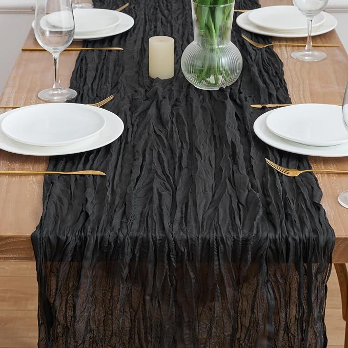 Asee'm 2pcs Black Cheesecloth Table Runner Summer 10FT Boho Gauze Rustic | - Image 2