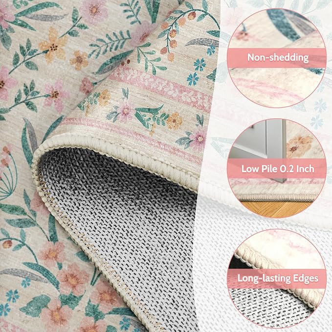 8x10 Pink Floral Area Rug, Large Washable Living Room Carpet - Image 8
