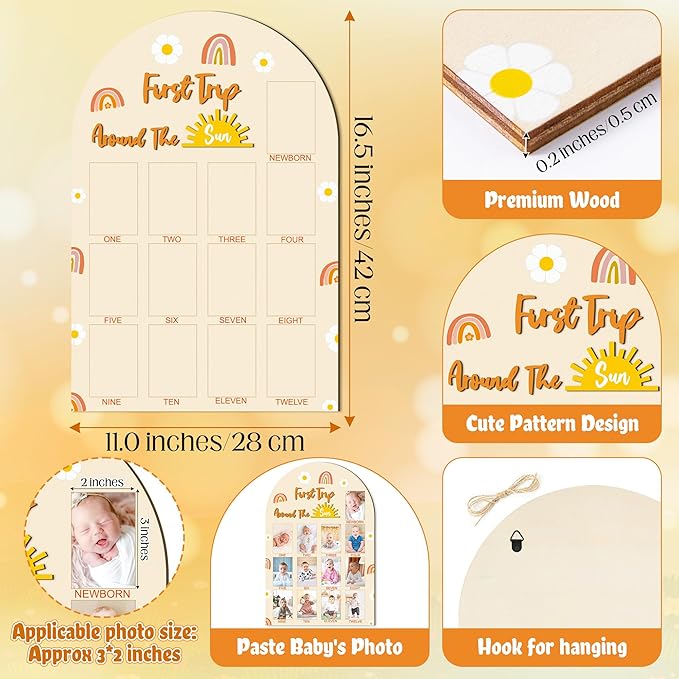 R HORSE My First Year Photo Frame Board, 3D Boho Sun Rainbow Display Wood Board, Baby’s 1st Year Picture Frame, 12 Months Milestone One Year Old Birthday Decoration, Baby Keepsake Gift for Boy Girl