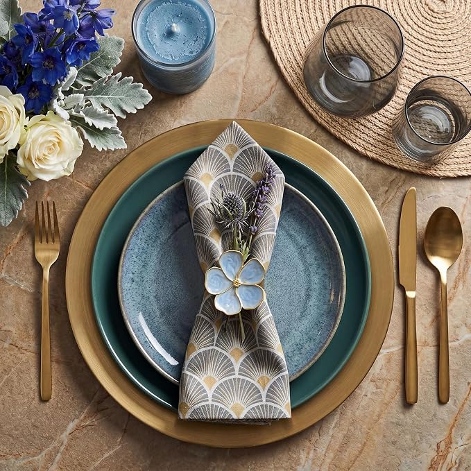 Patelai Set of 6 Blue Flower Napkin Rings Bulk Gold Napkin Ring Holders | - Image 3