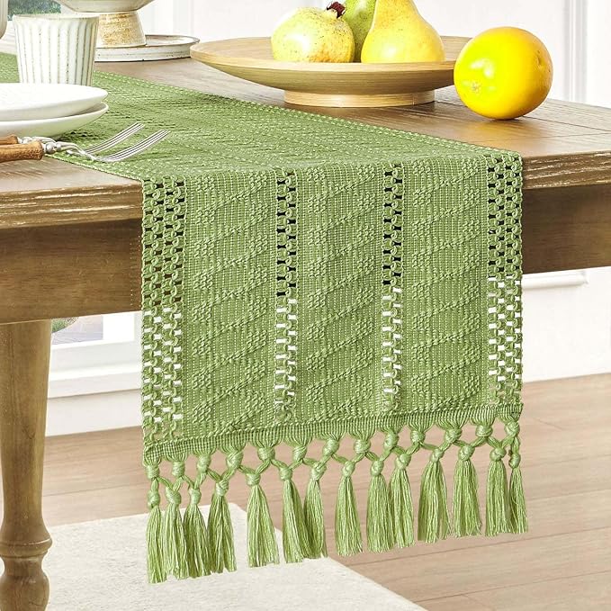 Macrame Style Boho Table Runner, 12x108 Inch Green | Woven Boho Table Runner by ZEEMARTONLINE