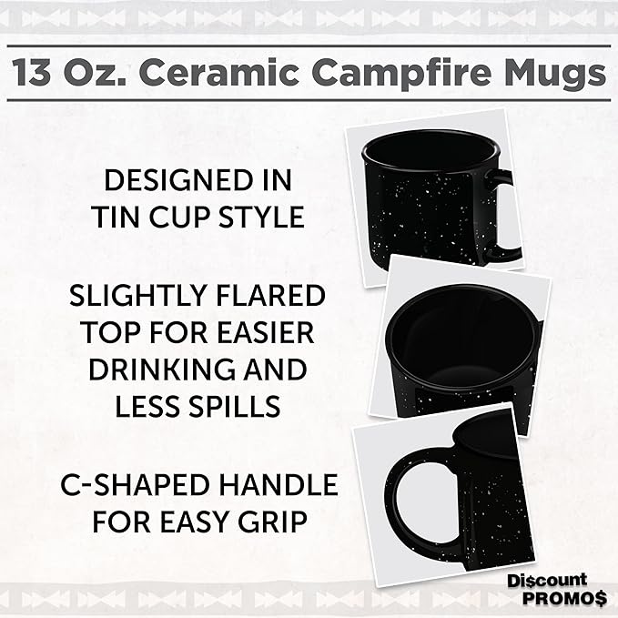 DISCOUNT PROMOS Ceramic Campfire Coffee Mugs 13 oz. Set of 10, Bulk Pack - Perfect for Tea, Espresso, Cappuccino, Hot Cocoa - Black