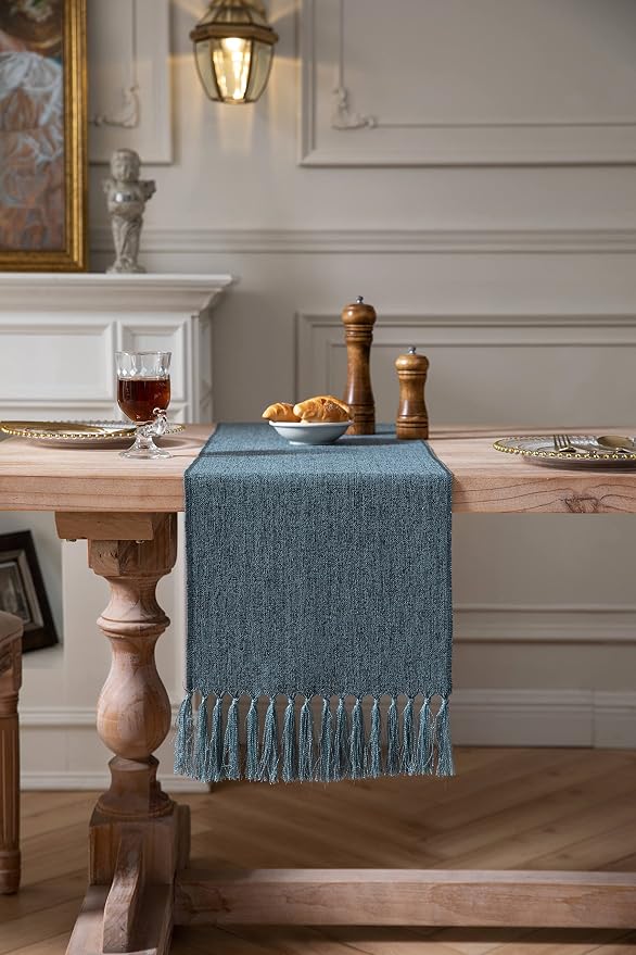 Blue Table Runners 48 Inches Long, Burlap Linen Style Rustic Farmhouse Table - Image 2