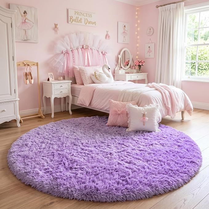 Amdrebio Purple Round Rugs 4Ft for Girls Bedroom Decor Aesthetic, Fluffy Fuzzy - Image 5