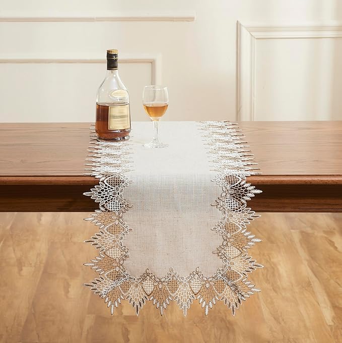 Natural Linen Table Runner 54 inches Beige Lace Coffee Table Runners | French - Image 2