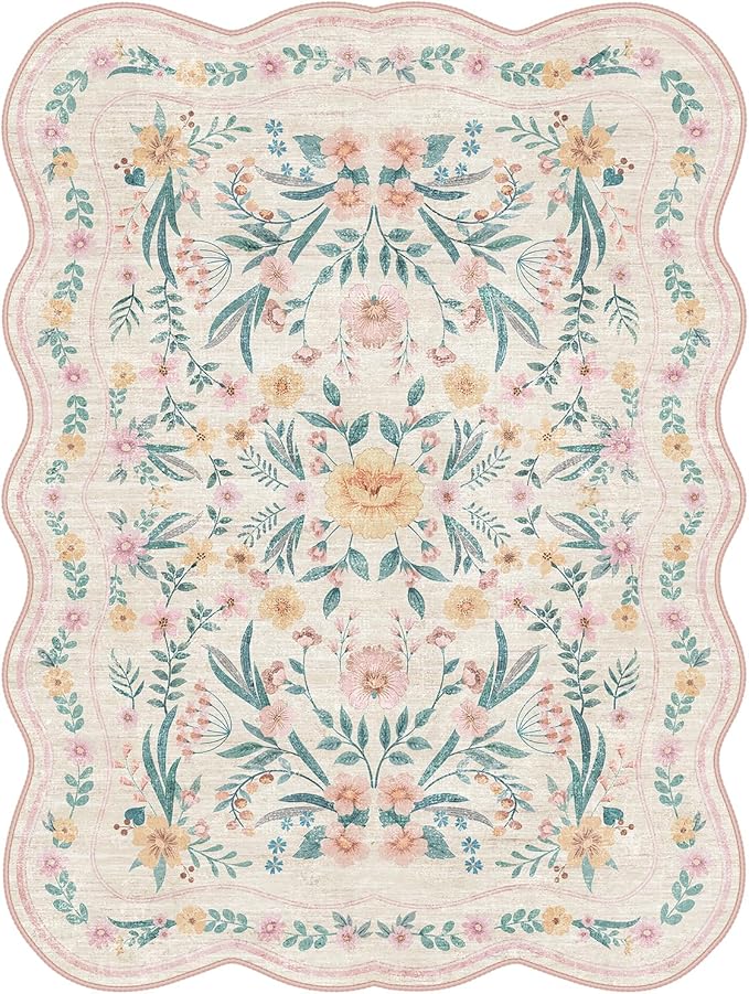 Scalloped Rug for Living Room, 5x8 Pink Floral Rug for Girls Dorm, Washable - Image 6