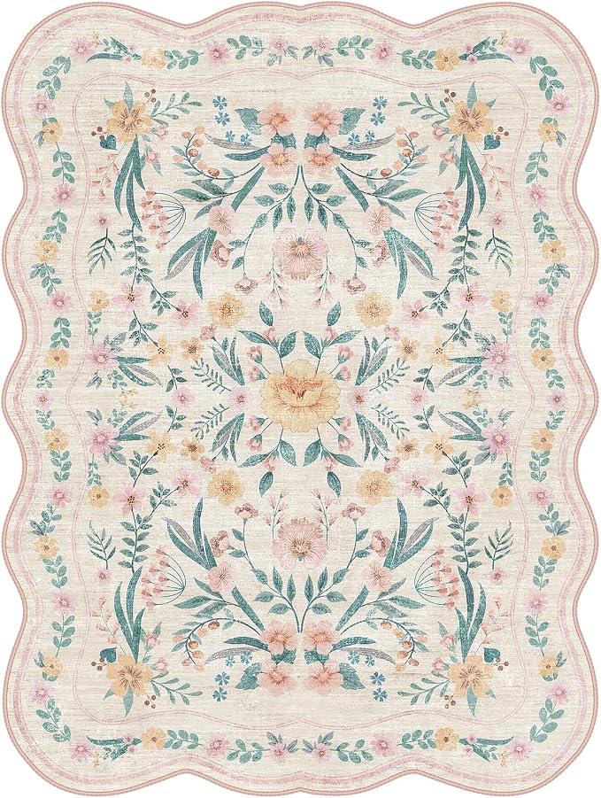 Pink Floral Rug 3X5 for Girls Bedroom or Nursery, Scalloped Washable Non-Slip - Image 6