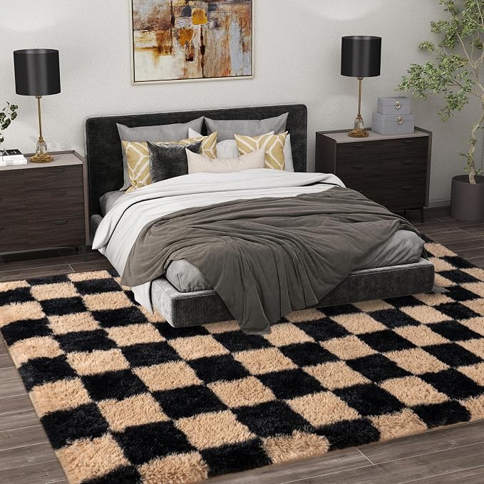 Shag Rugs for Living Room 6x9, Ultra Soft Checkered Black Beige Big Fuzzy Rugs - Image 3