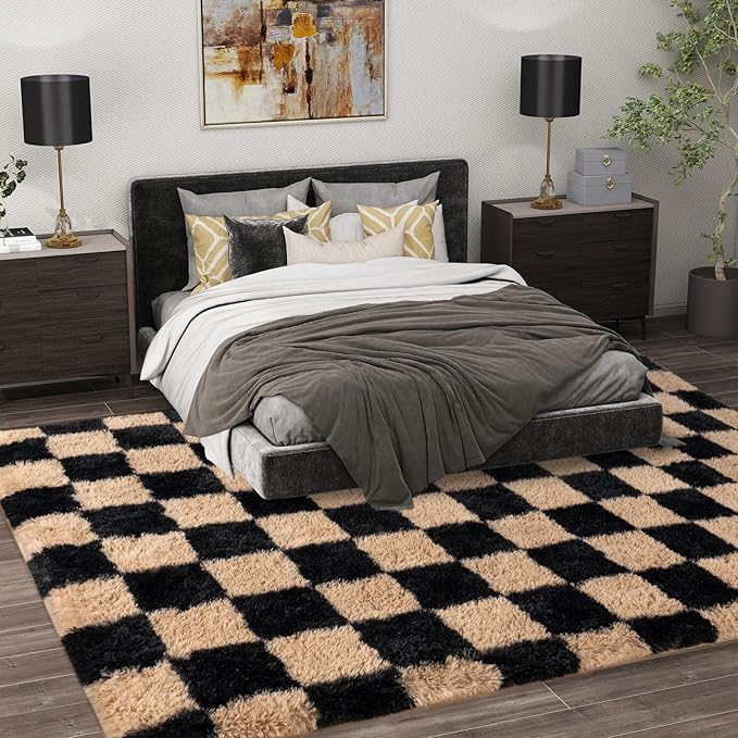 Shag Rugs for Living Room 8x10, Ultra Soft Checkered Black Beige Big Fuzzy Rugs - Image 3