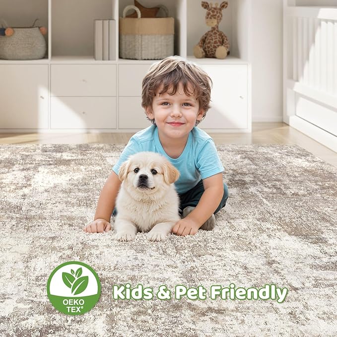 10x14 Area Rugs Living Room: Washable Large Abstract Soft Rug Stain Resistant Indoor Floor Non-Slip Accent Carpet for Women Modern Home Enthusiasts Aged 25-45 - Bedroom Nursery Playroom- Beige Brown