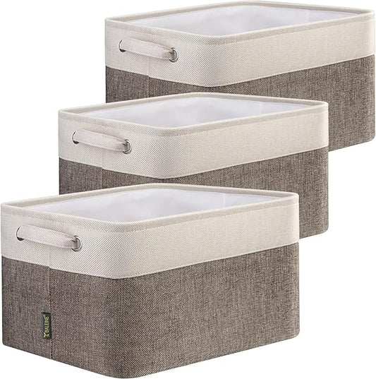 BALEINE 3 Pack Fabric Storage Bins for Shelves, Linen Storage Baskets for Organizing, Decorative Closet Bins for Clothes, Home (Brown, 12"x8"x8")