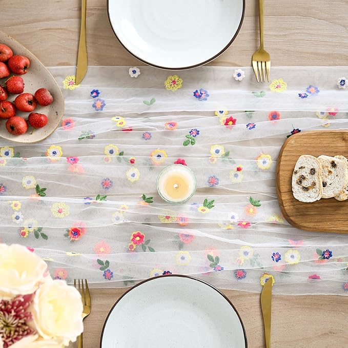 Artoid Mode Embroidery Daisy Gauze Table Runner 120 Inch 10FT | Seasonal Sheer - Image 2